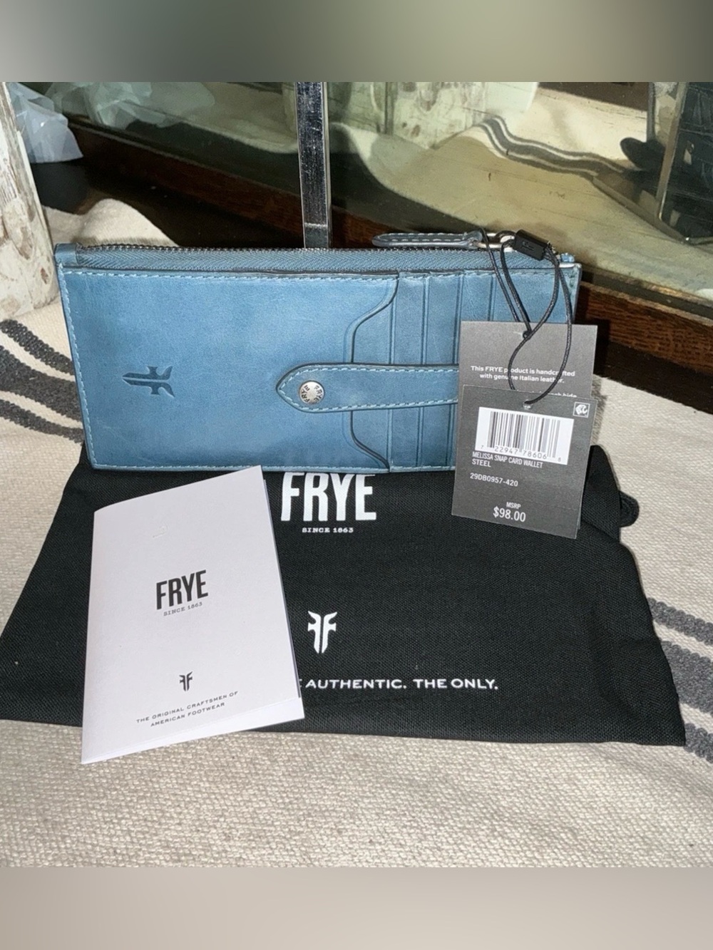 NWT Frye Melissa Leather Snap Card Wallet Steel Blue Retail $98 - Picture 2 of 16